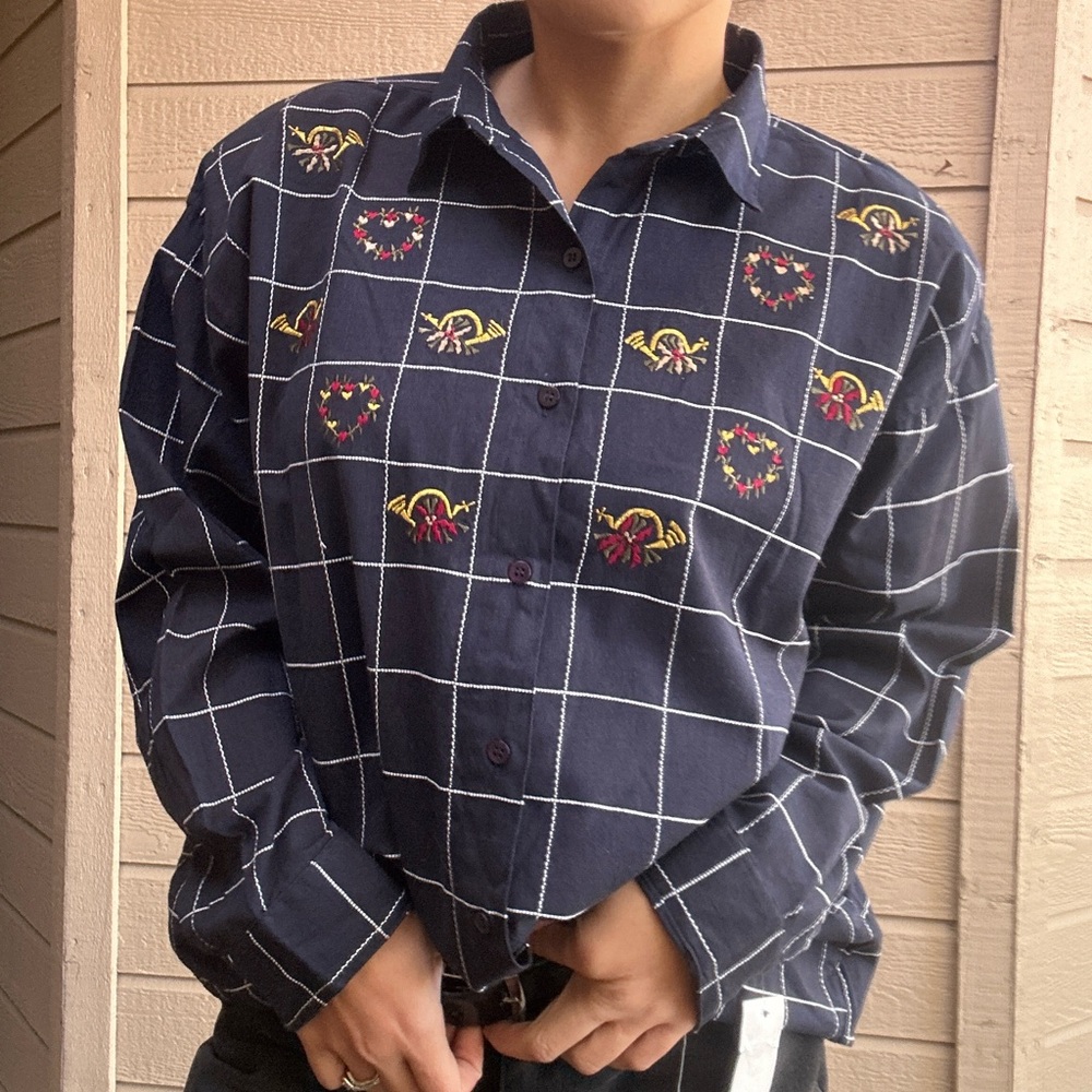 Vintage Christmas embroidered button up shirt for women